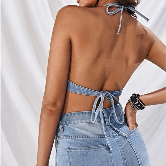 Vintage Style Western Festival Boho Denim Halter Tie Neck Backless Crop Top Bra - Picture 3 of 13